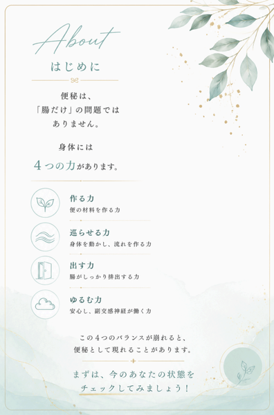 便秘の原因を見分ける4つの力(作る力・巡らせる力・出す力・ゆるむ力)の図解